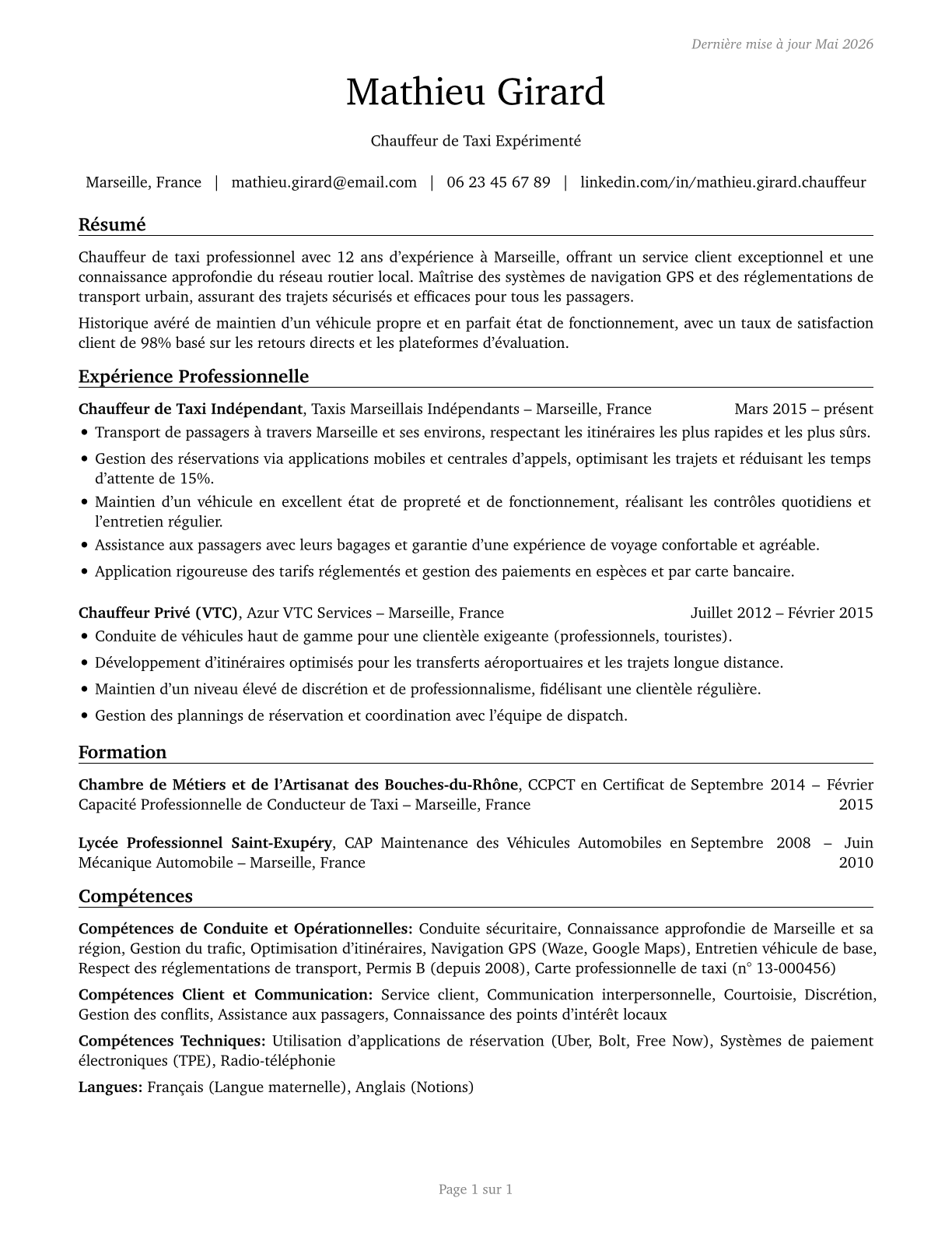 Taxi Drivers CV in French — page 1