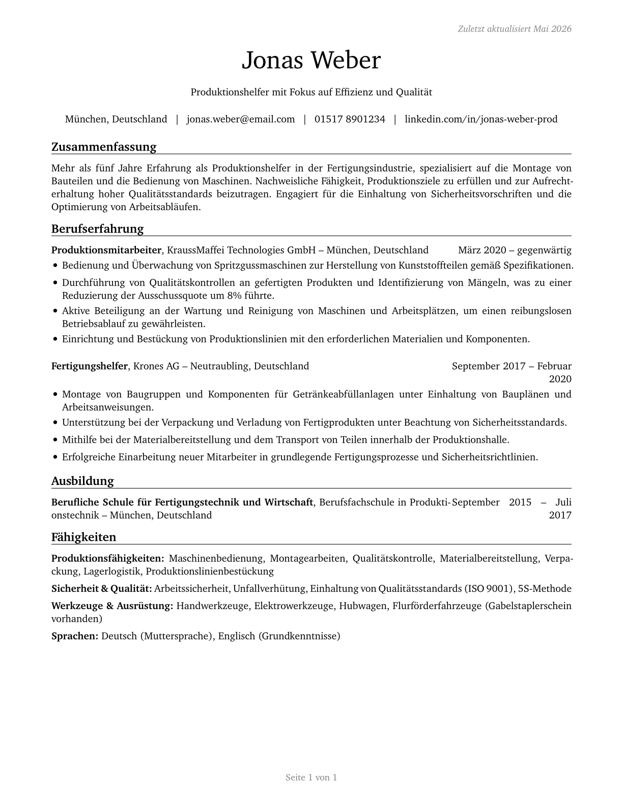 Helpers--Production Workers CV in German — page 1