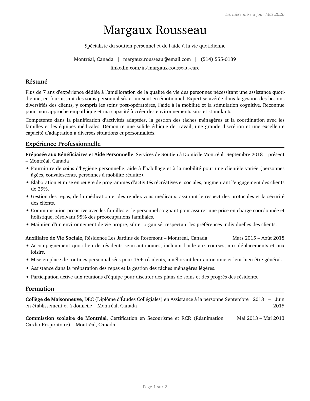 Personal Care and Service Workers, All Other CV in French — page 1