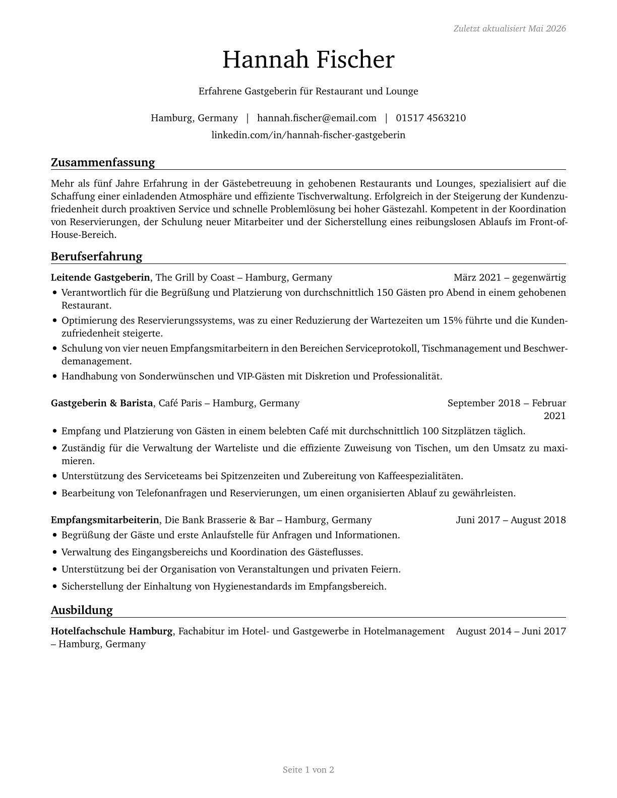 Hosts and Hostesses, Restaurant, Lounge, and Coffee Shop CV in German — page 1
