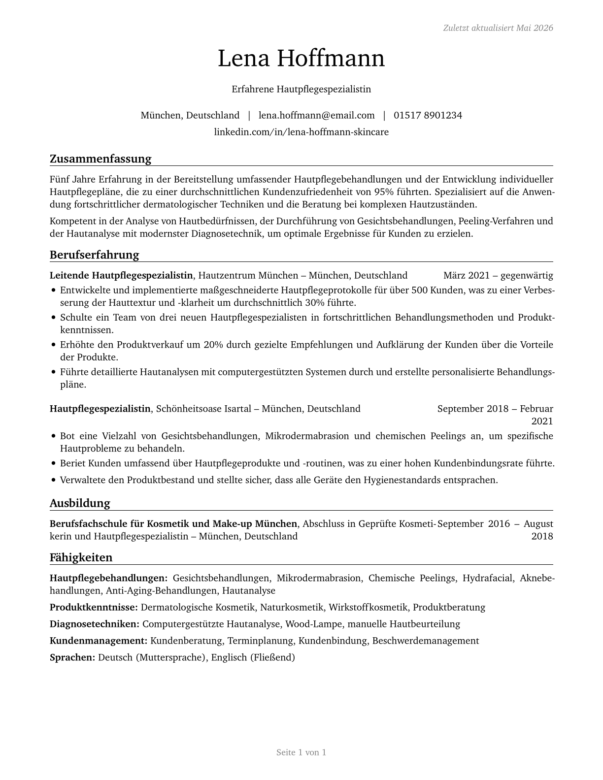 Skincare Specialists CV in German — page 1
