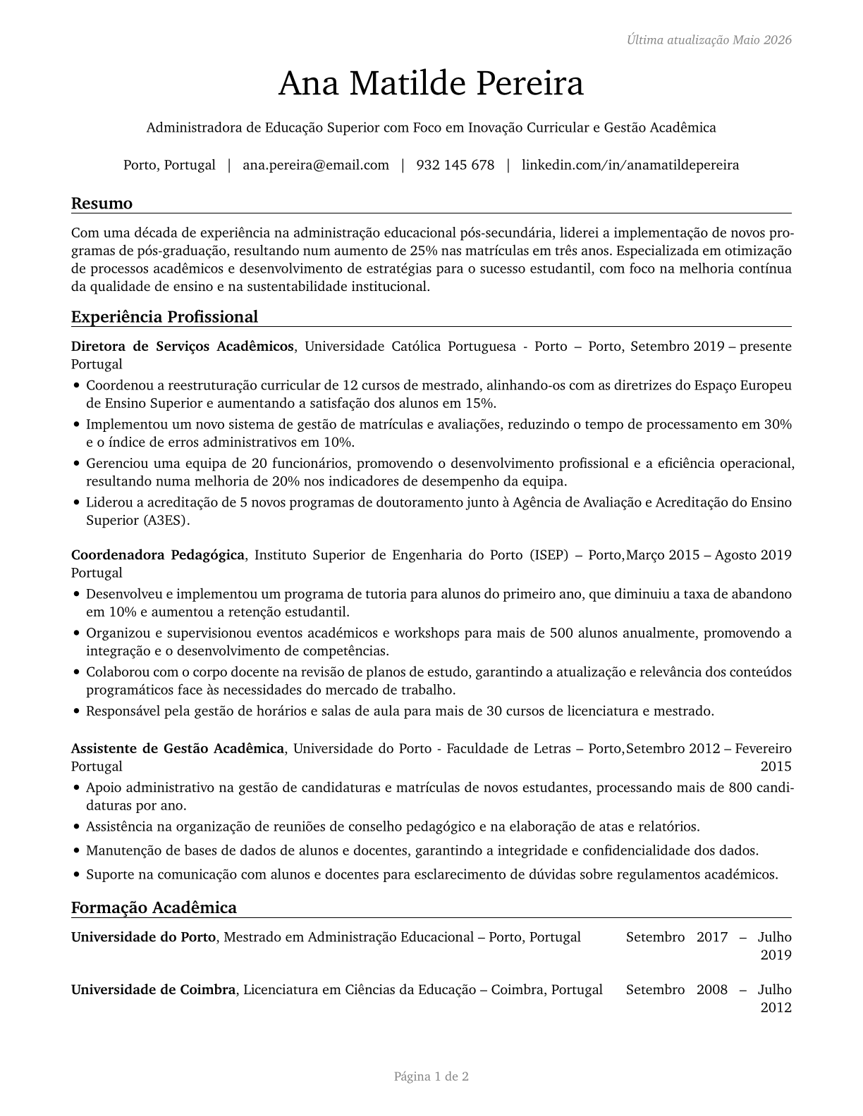 Education Administrators, Postsecondary CV in Portuguese — page 1