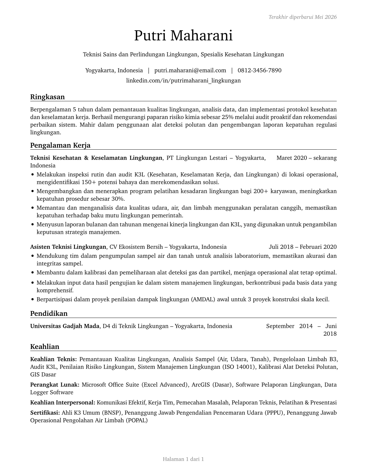 Environmental Science and Protection Technicians, Including Health CV in Indonesian — page 1