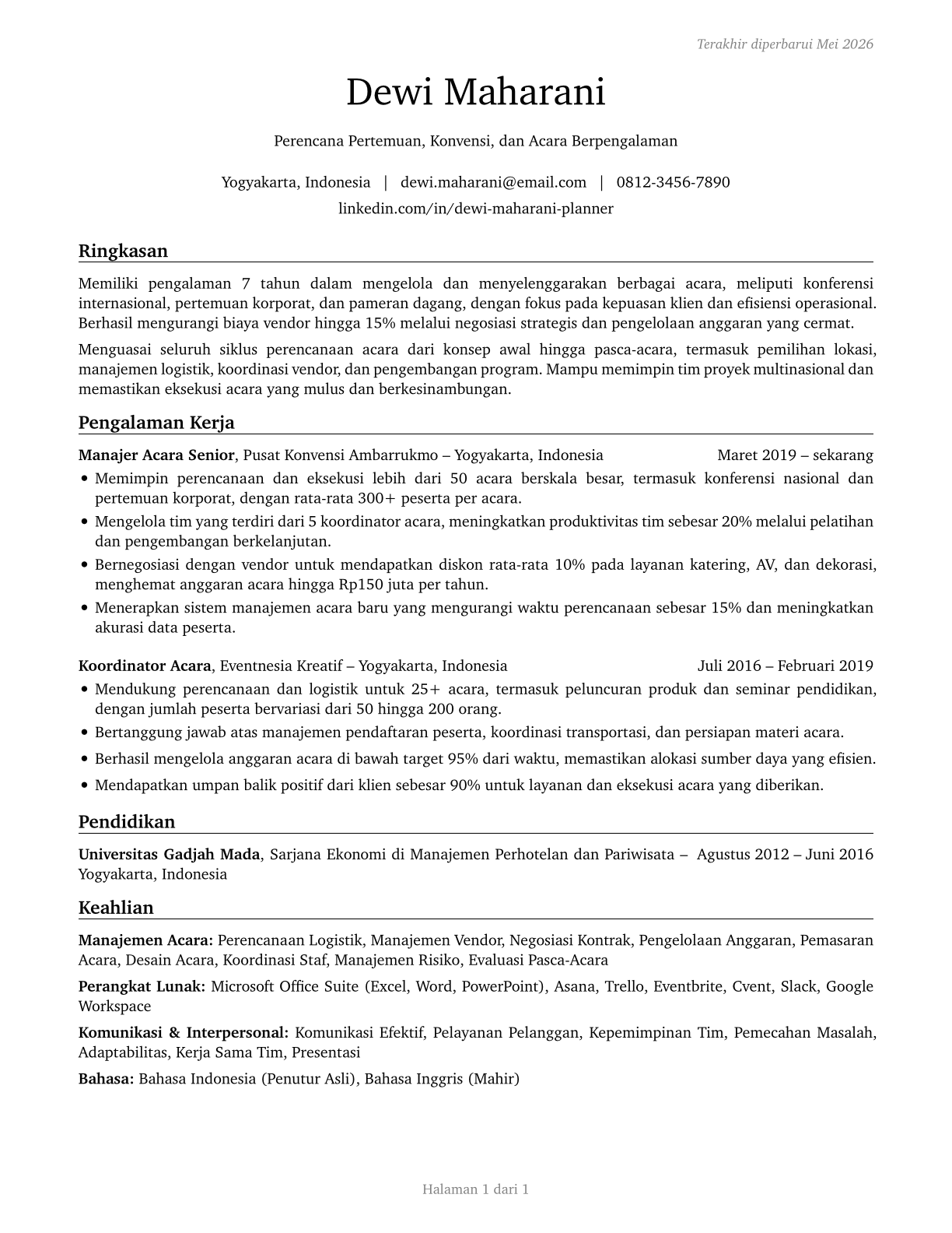 Meeting, Convention, and Event Planners CV in Indonesian — page 1