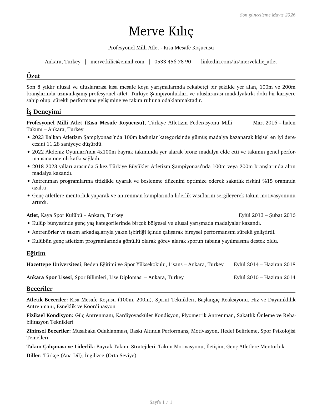 Athletes and Sports Competitors CV in Turkish — page 1