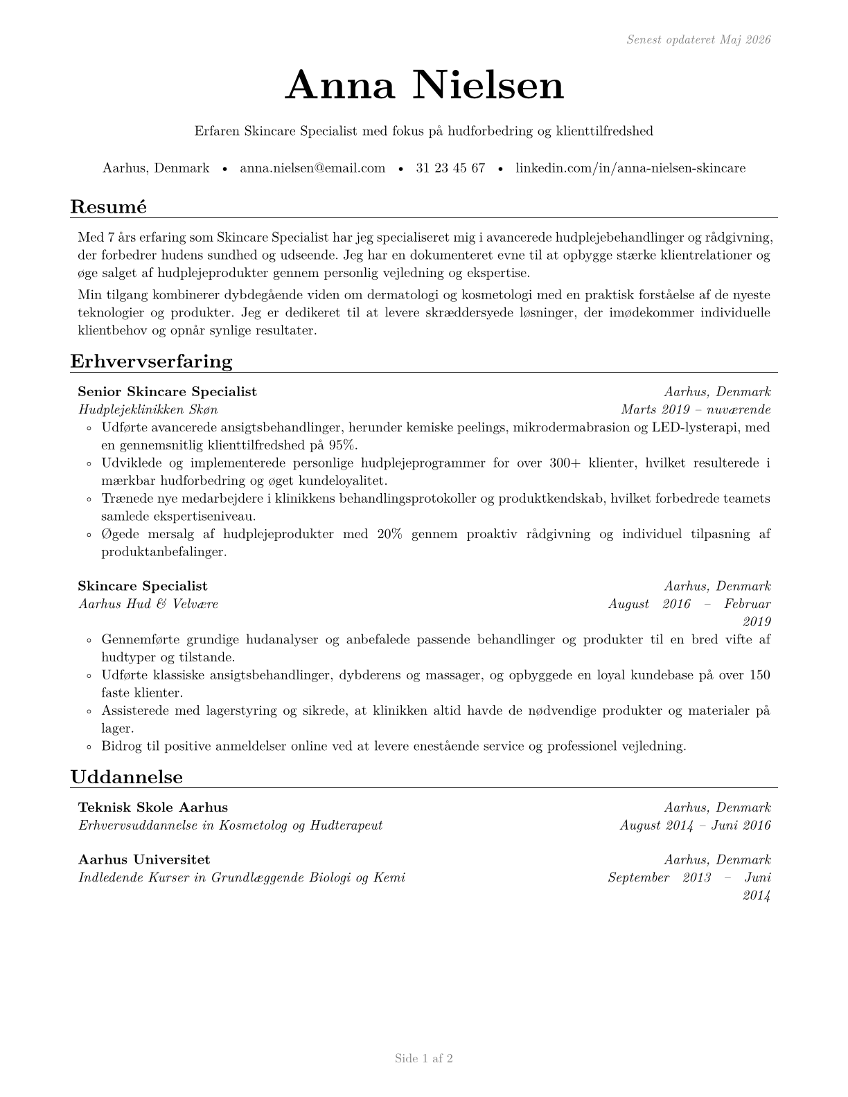 Skincare Specialists CV in Danish — page 1