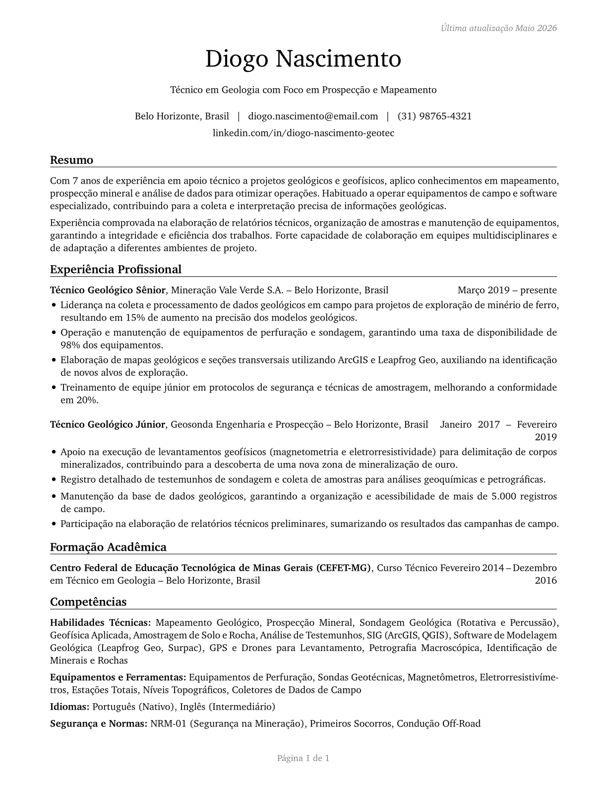 Geological Technicians, Except Hydrologic Technicians CV in Portuguese — page 1