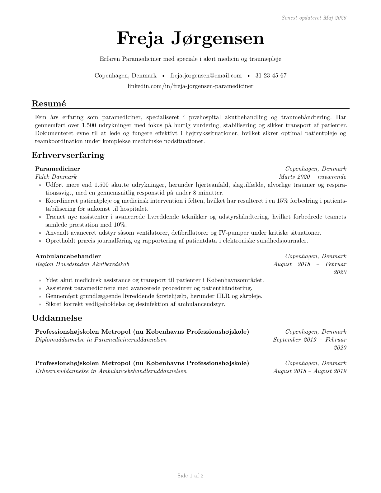 Paramedics CV in Danish — page 1
