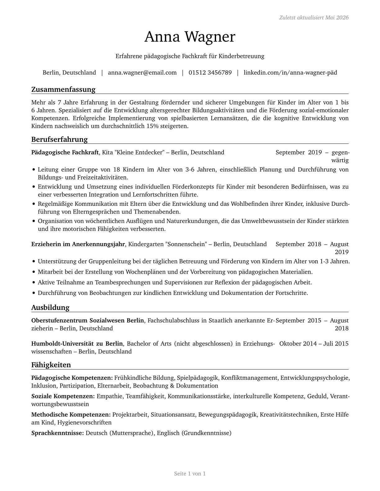 Childcare Workers CV in German — page 1
