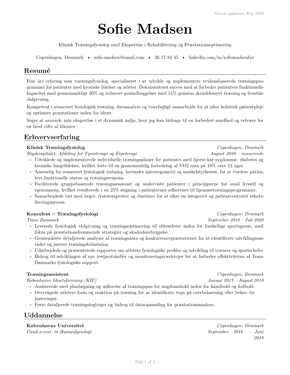 Exercise Physiologists CV in Danish — page 1