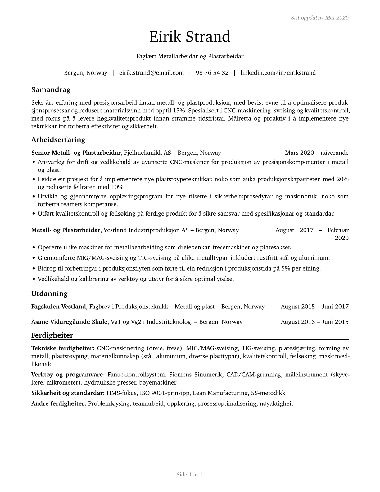 Metal Workers and Plastic Workers, All Other CV in Norwegian_nynorsk — page 1