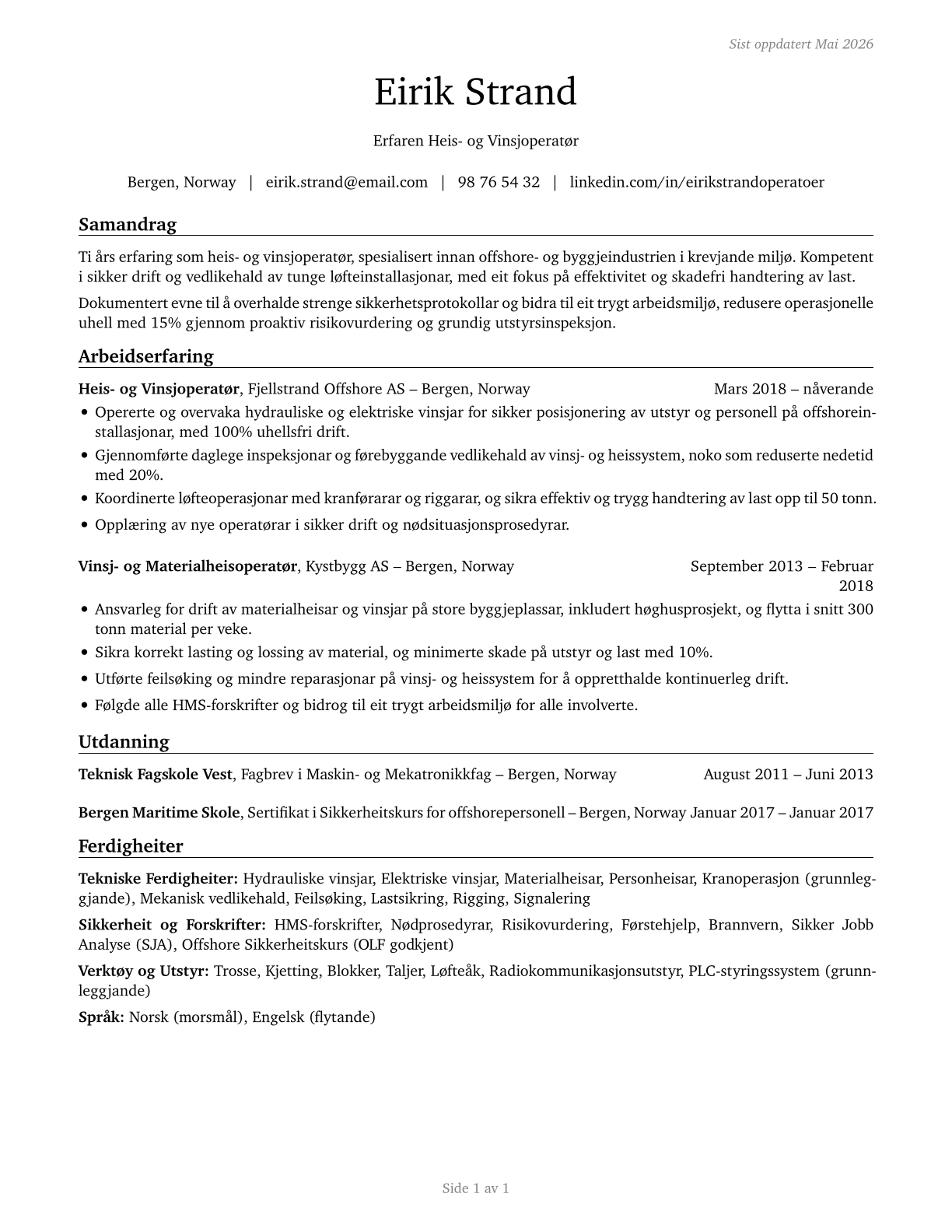 Hoist and Winch Operators CV in Norwegian_nynorsk — page 1