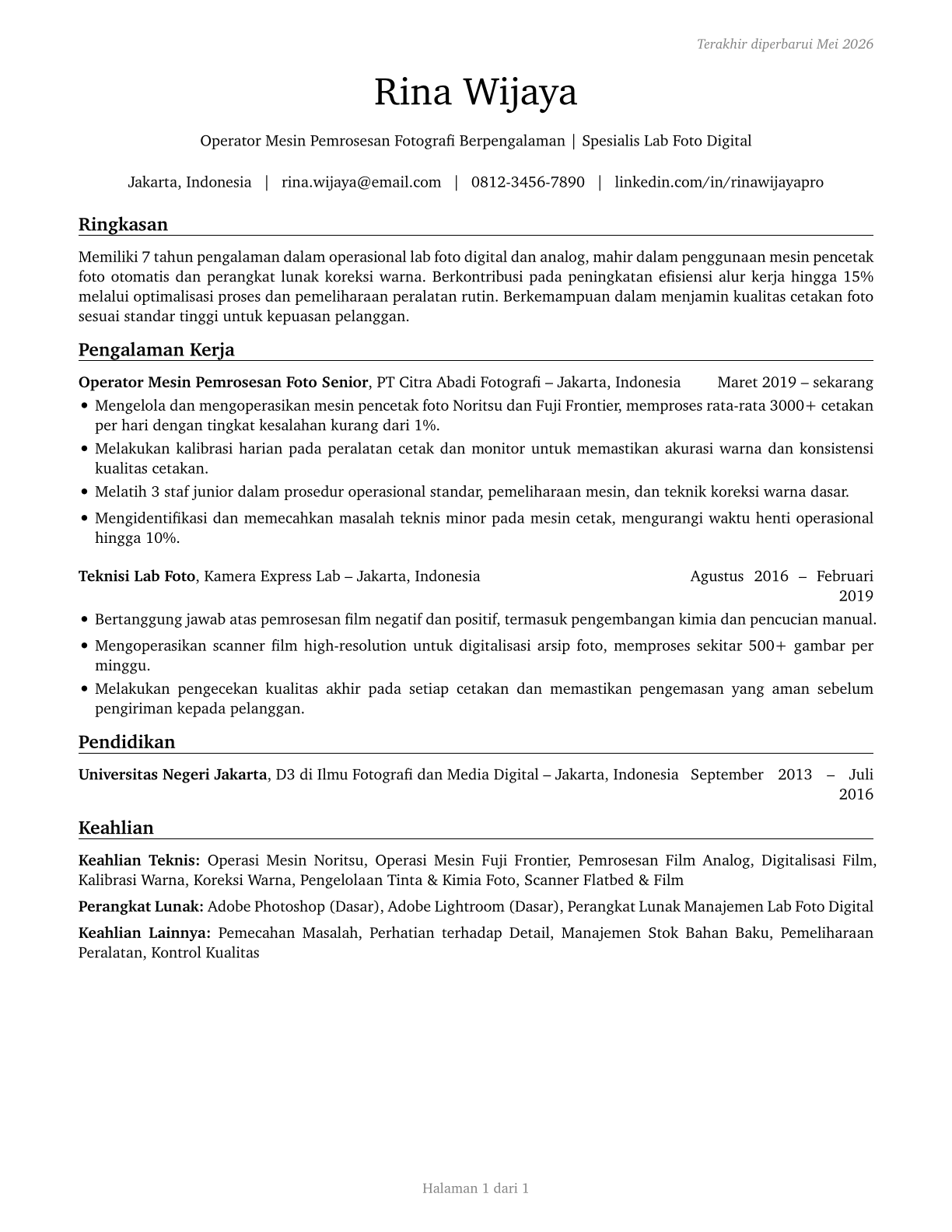 Photographic Process Workers and Processing Machine Operators CV in Indonesian — page 1