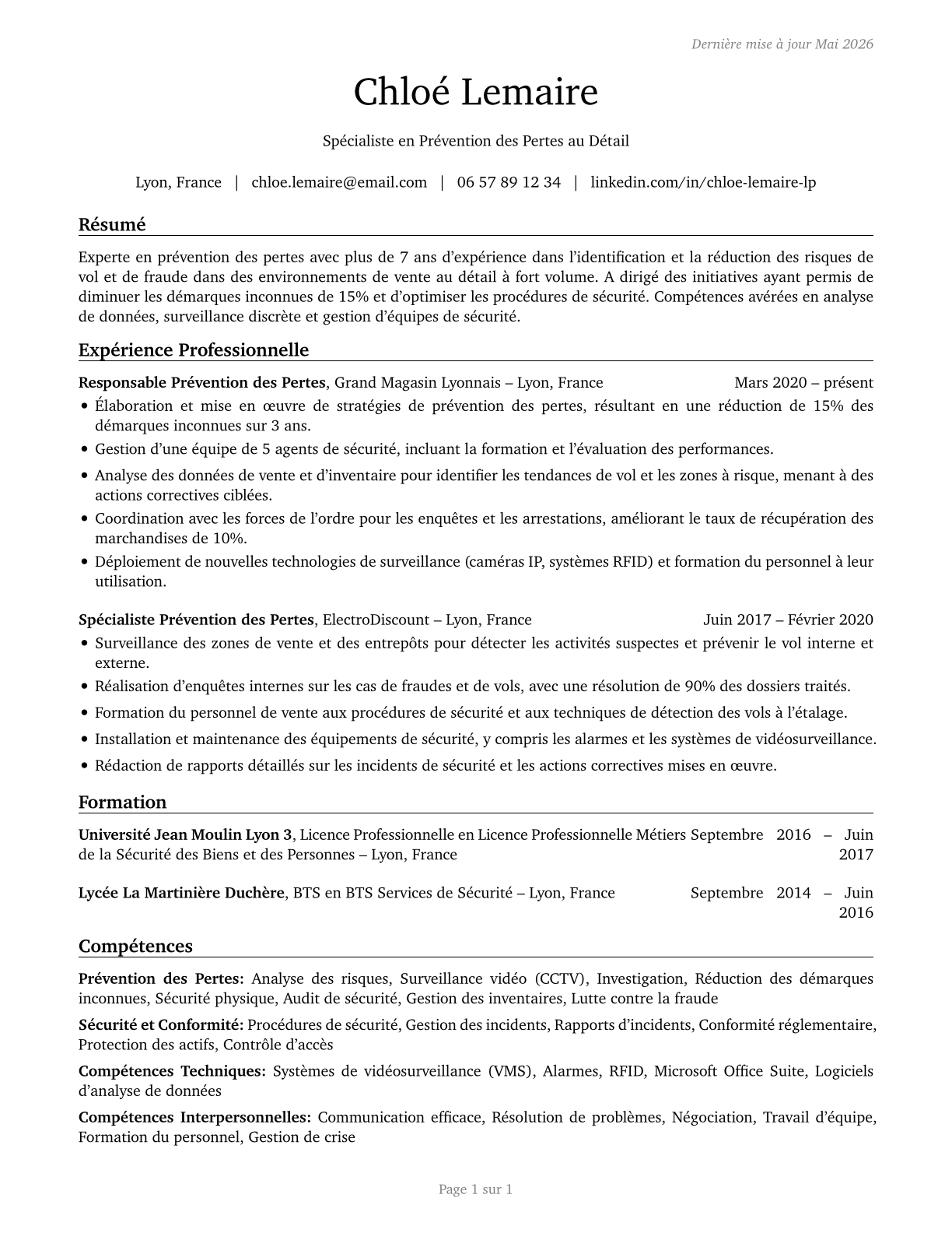 Retail Loss Prevention Specialists CV in French — page 1