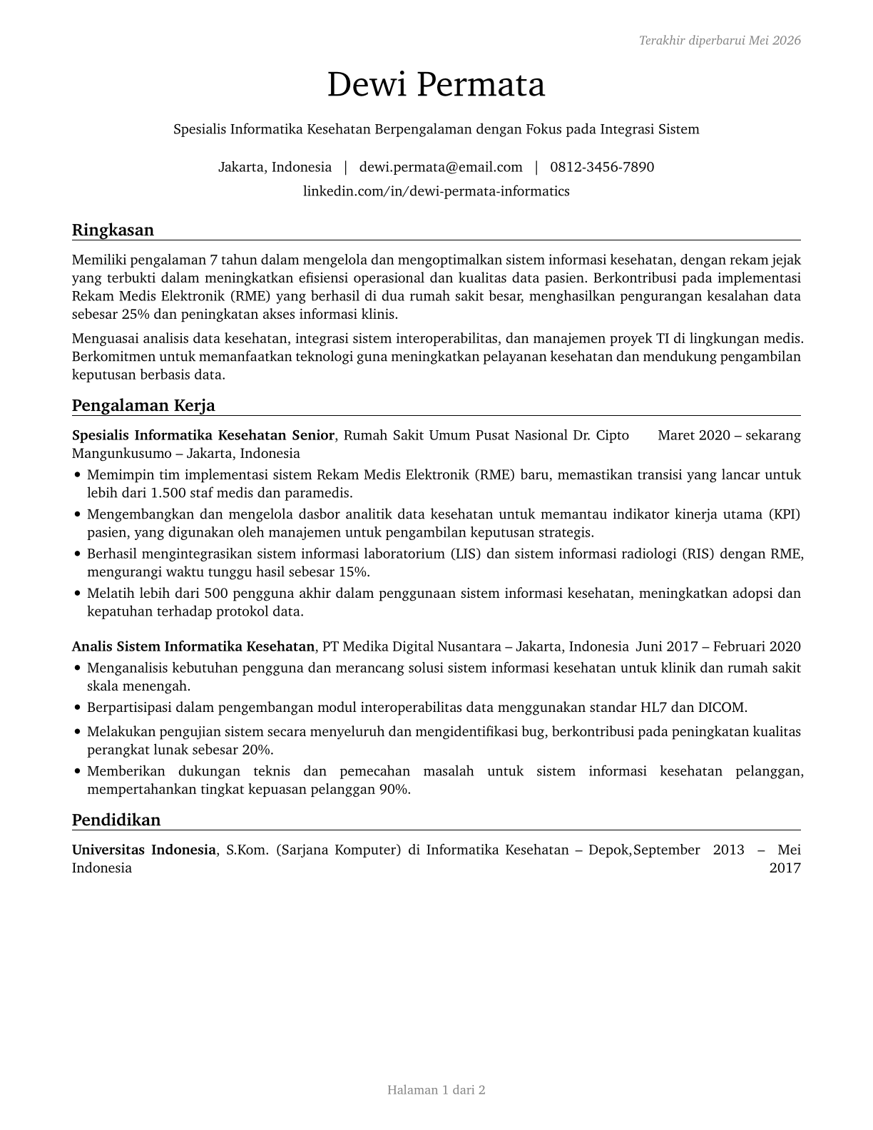 Health Informatics Specialists CV in Indonesian — page 1