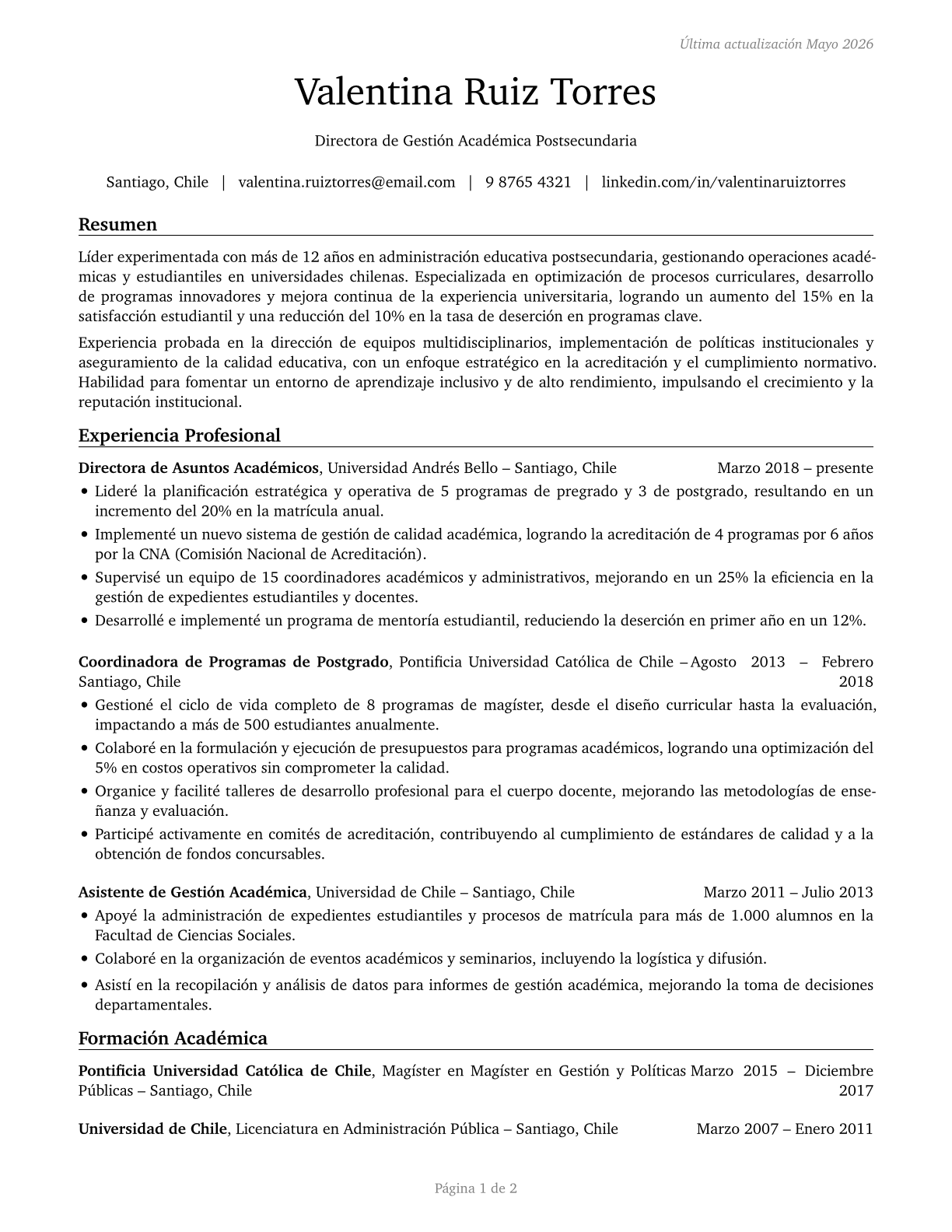 Education Administrators, Postsecondary CV in Spanish — page 1