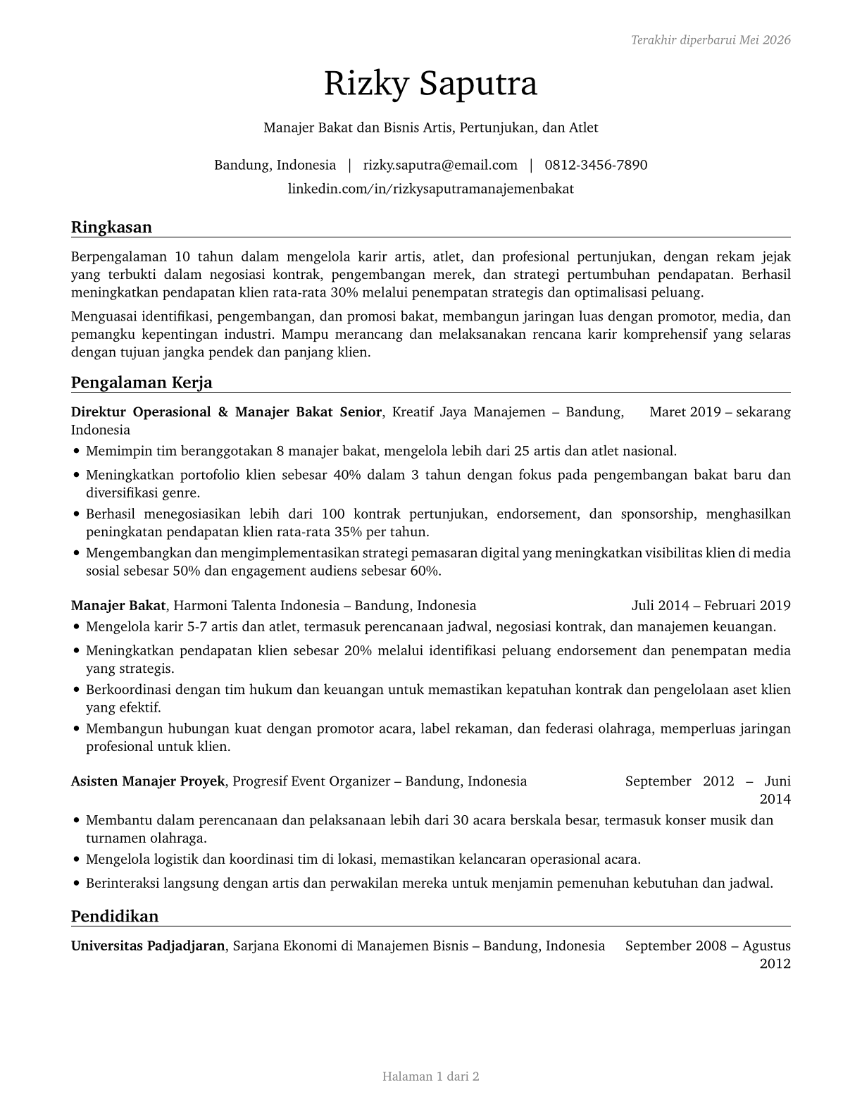 Agents and Business Managers of Artists, Performers, and Athletes CV in Indonesian — page 1