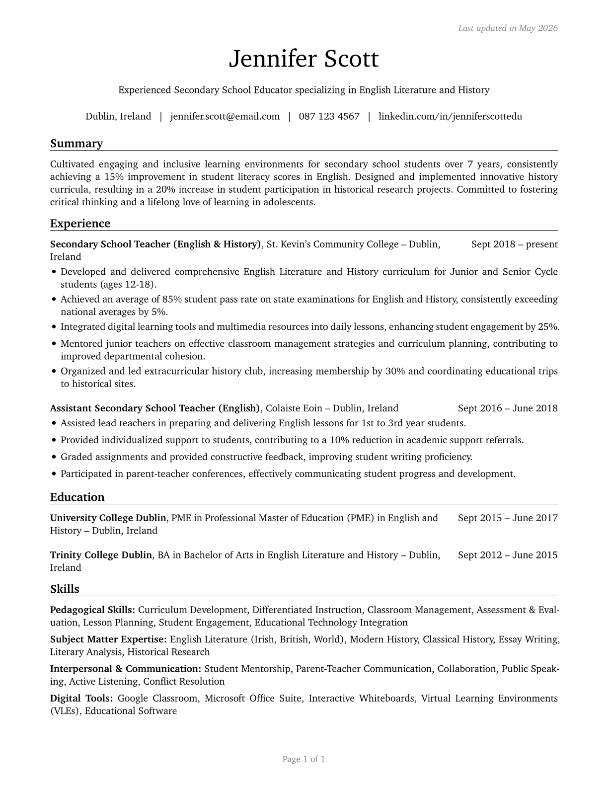 Secondary School Teachers, Except Special and Career/Technical Education CV in English — page 1