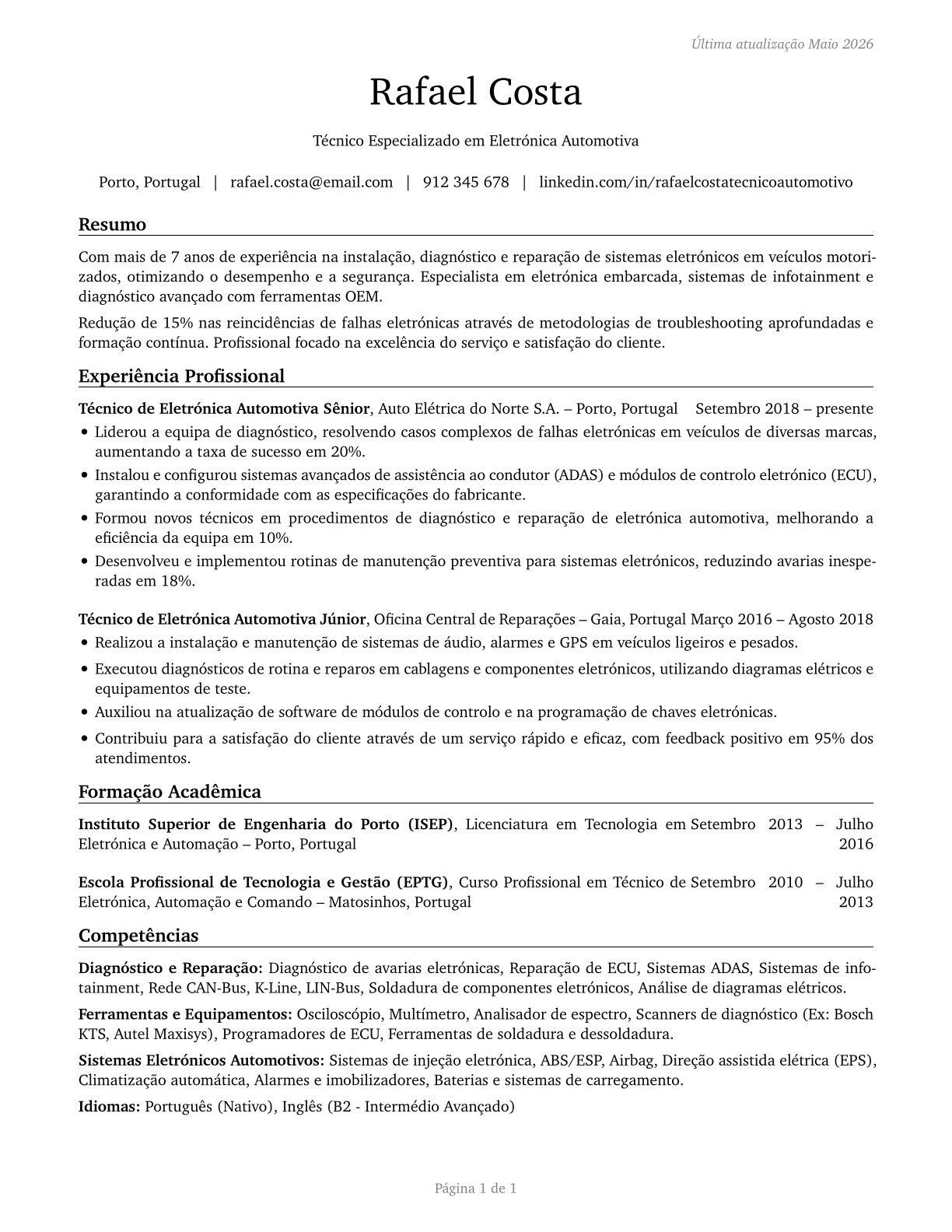 Electronic Equipment Installers and Repairers, Motor Vehicles CV in Portuguese — page 1
