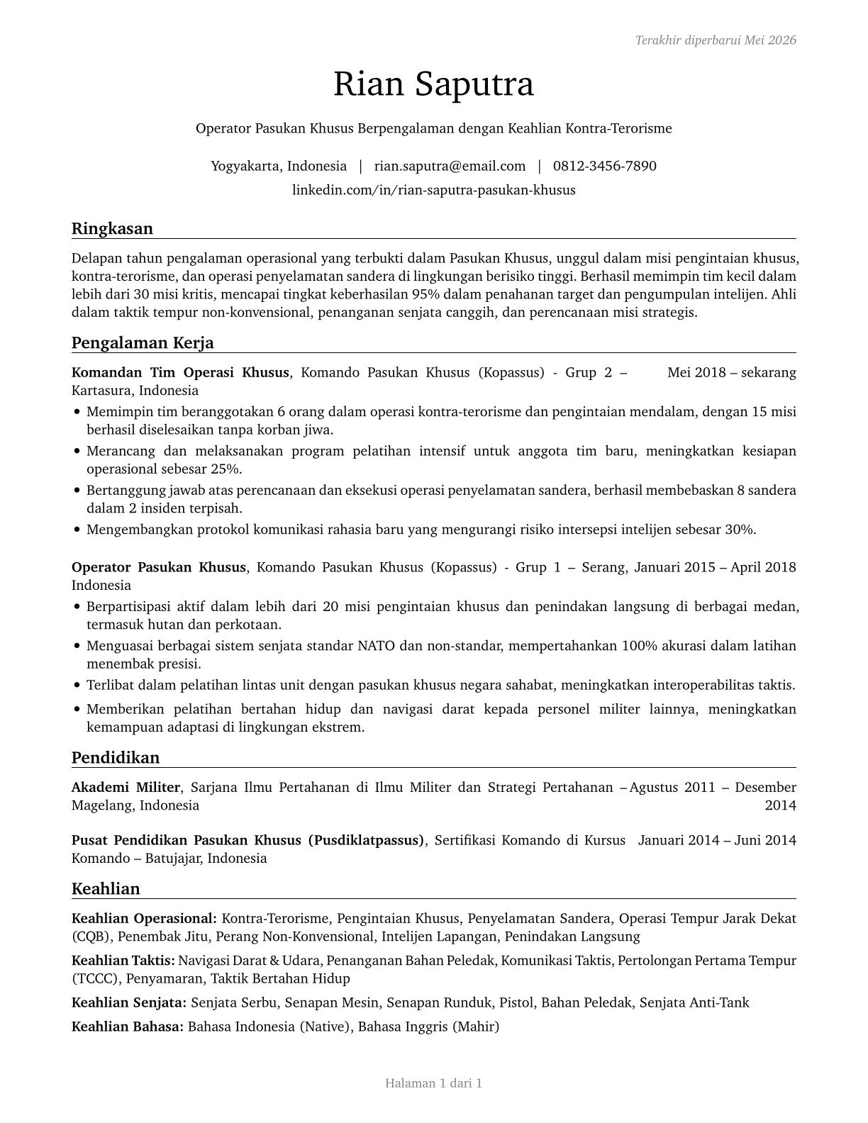 Special Forces CV in Indonesian — page 1