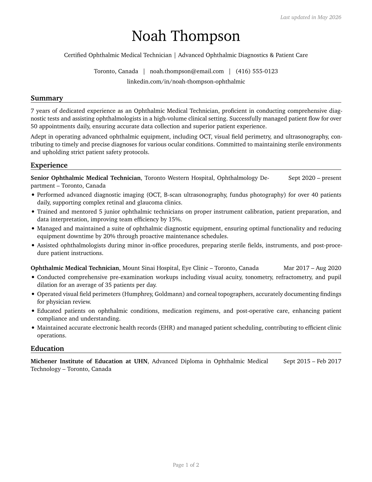 Ophthalmic Medical Technicians CV in English — page 1