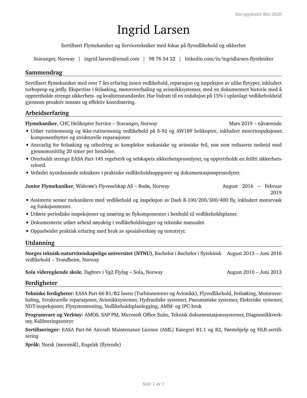 Aircraft Mechanics and Service Technicians CV in Norwegian_bokmal — page 1