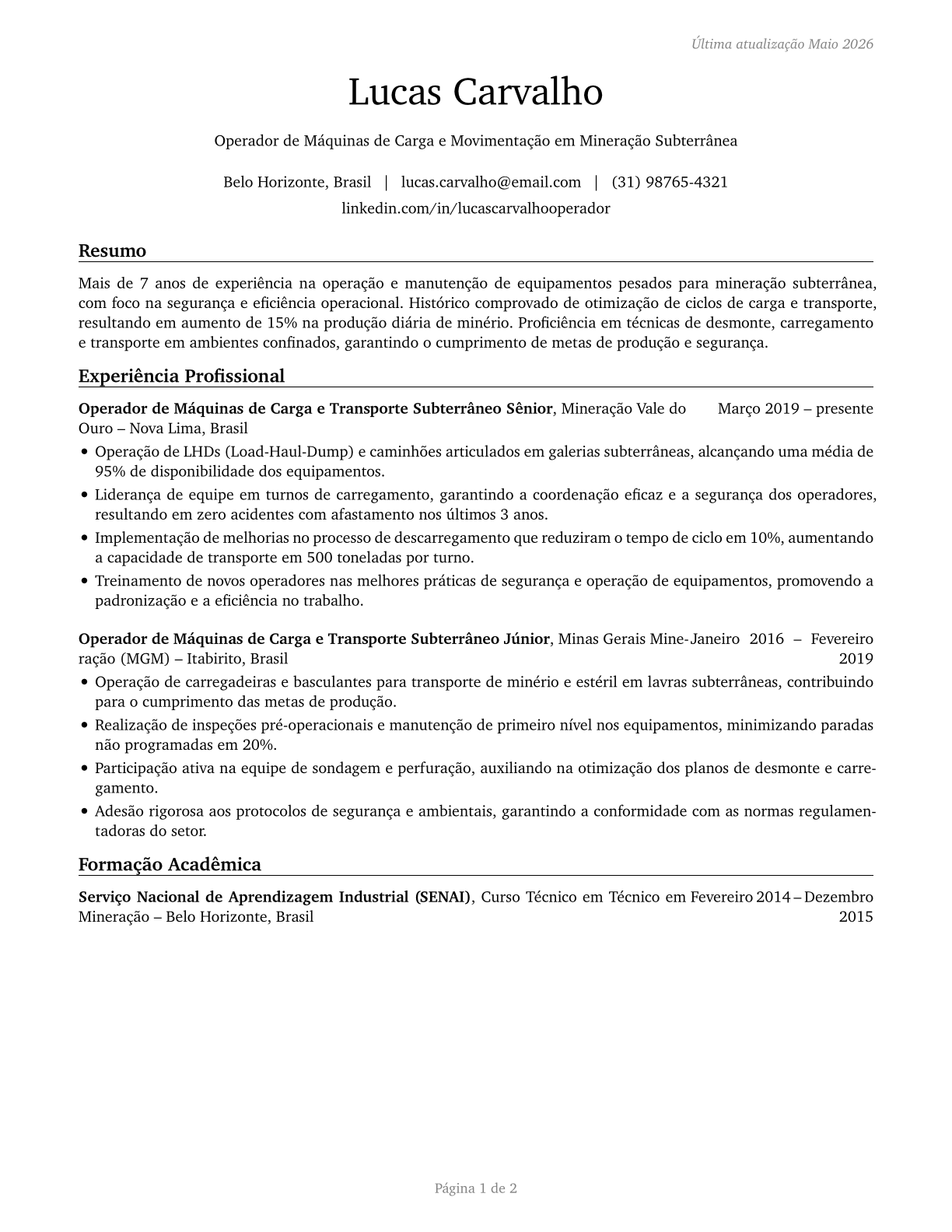 Loading and Moving Machine Operators, Underground Mining CV in Portuguese — page 1
