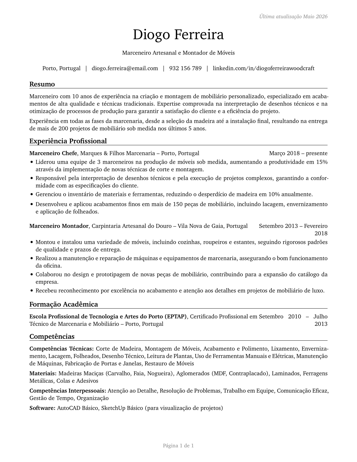 Cabinetmakers and Bench Carpenters CV in Portuguese — page 1