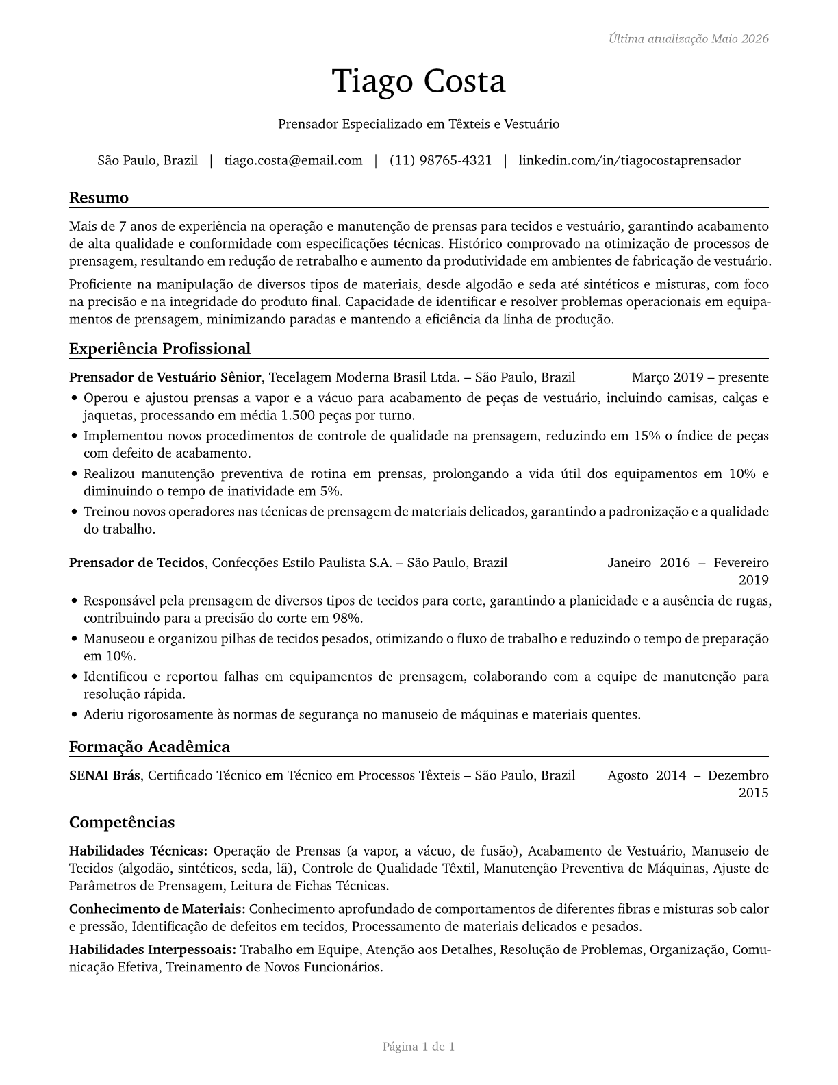 Pressers, Textile, Garment, and Related Materials CV in Portuguese — page 1