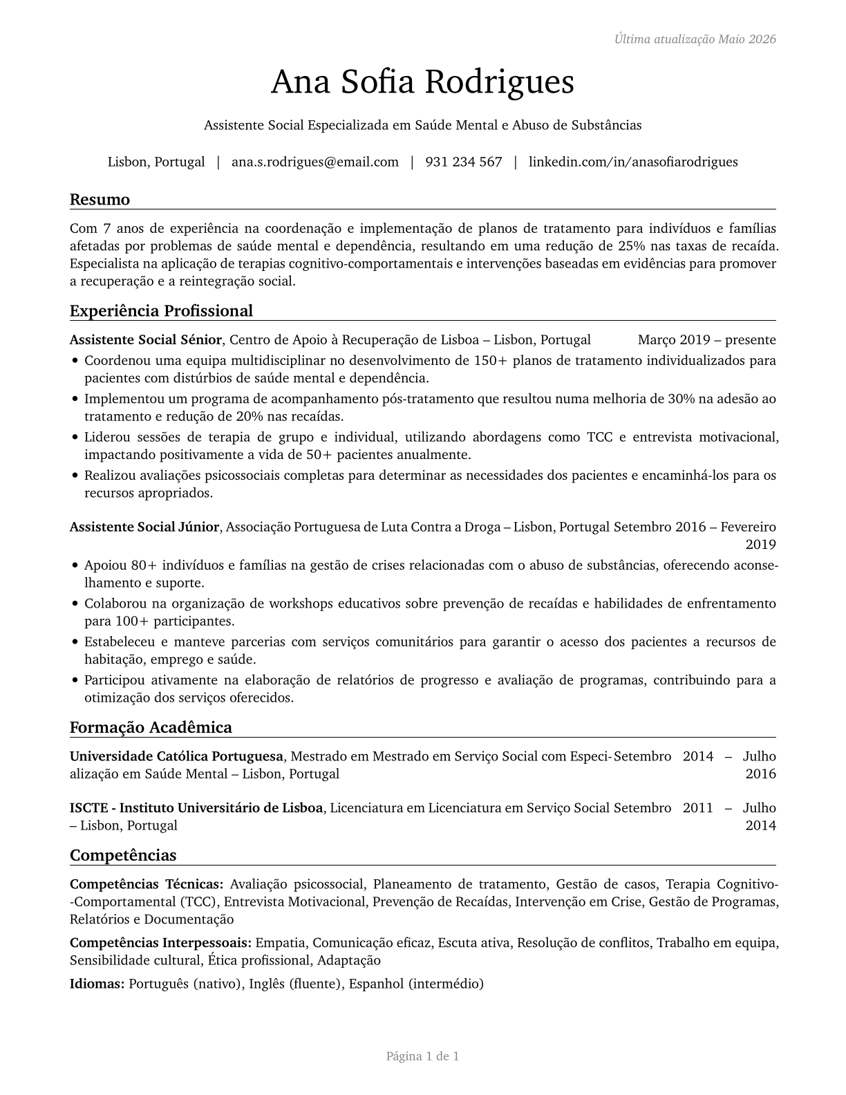 Mental Health and Substance Abuse Social Workers CV in Portuguese — page 1