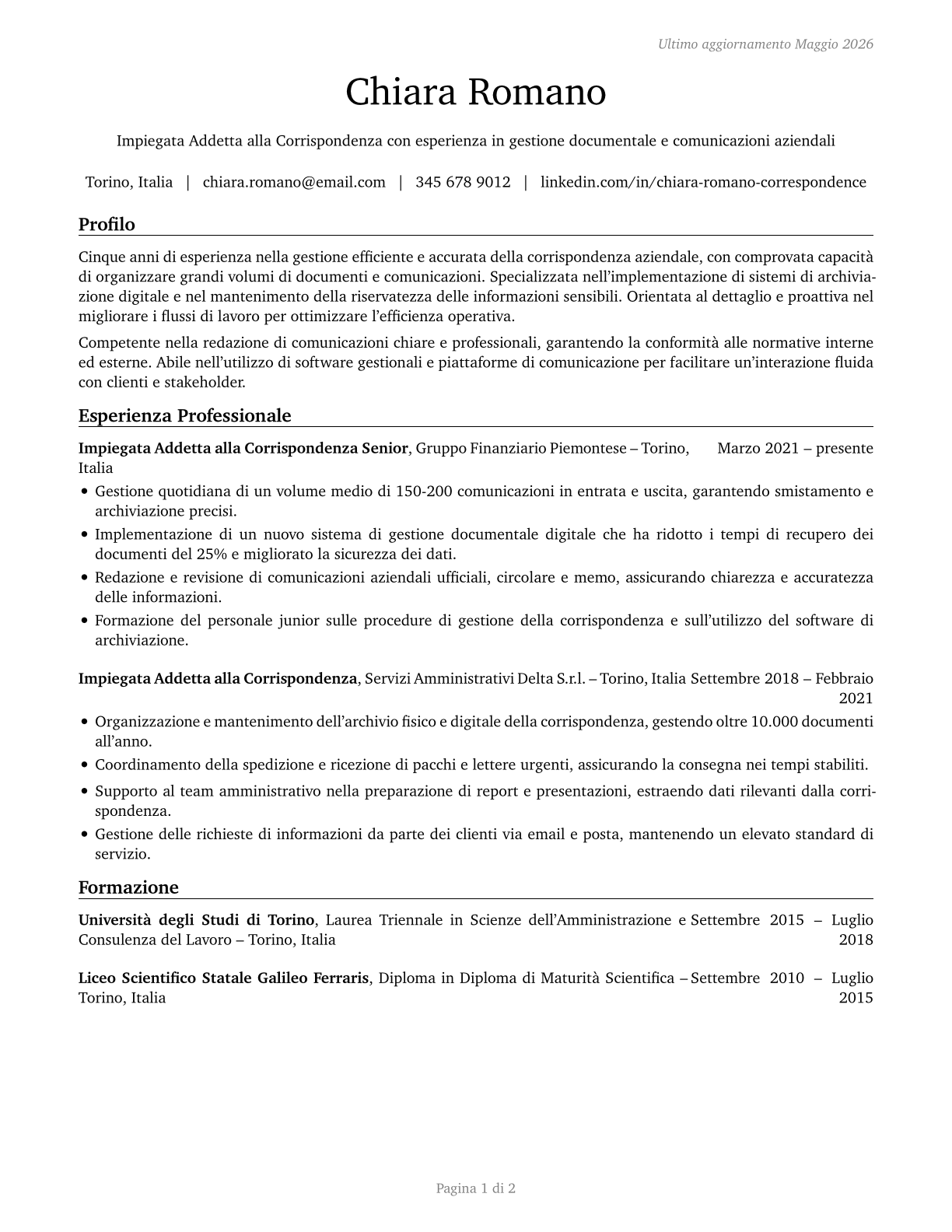 Correspondence Clerks CV in Italian — page 1