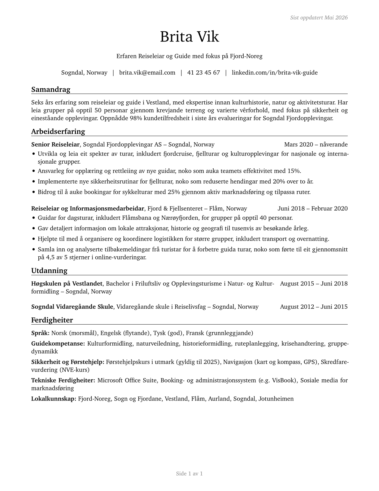 Tour Guides and Escorts CV in Norwegian_nynorsk — page 1