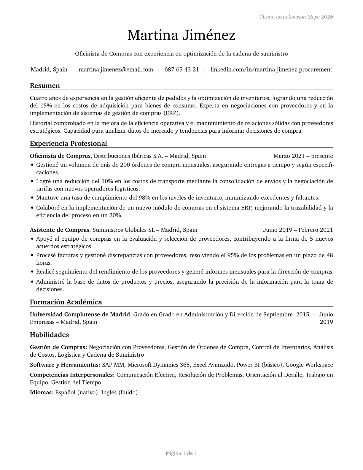 Procurement Clerks CV in Spanish — page 1