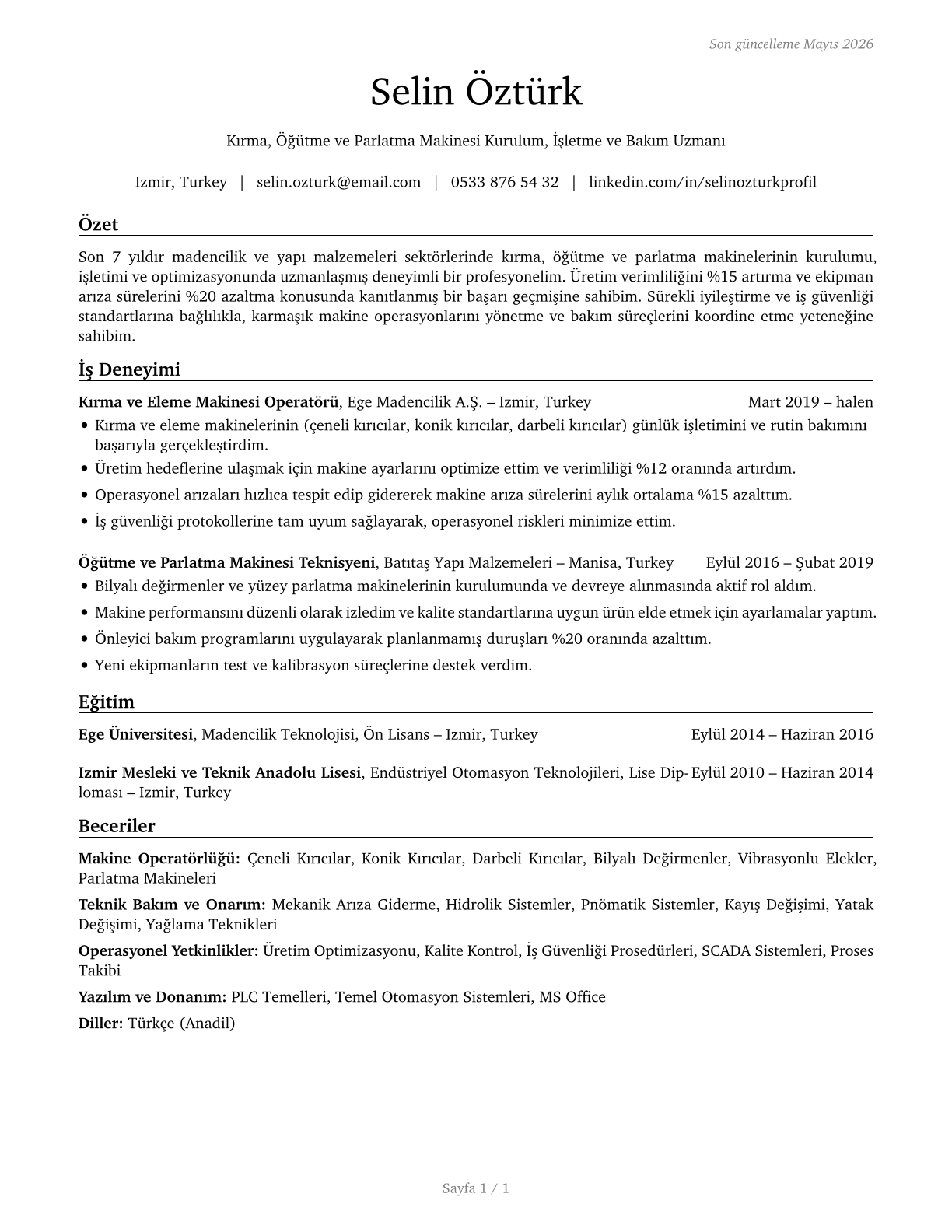 Crushing, Grinding, and Polishing Machine Setters, Operators, and Tenders CV in Turkish — page 1