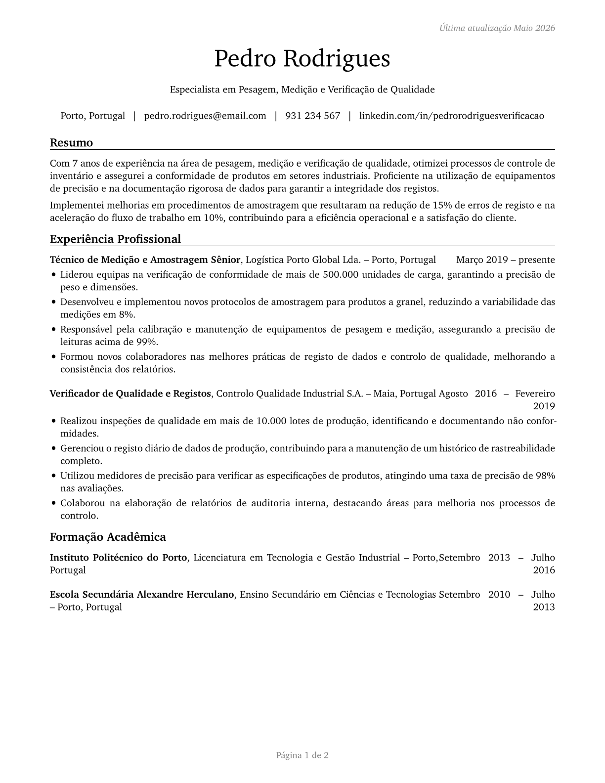 Weighers, Measurers, Checkers, and Samplers, Recordkeeping CV in Portuguese — page 1