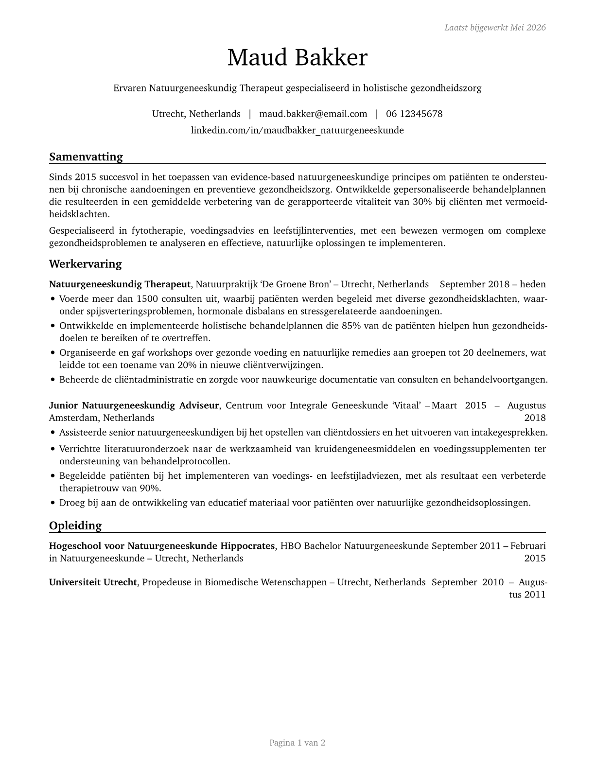 Naturopathic Physicians CV in Dutch — page 1