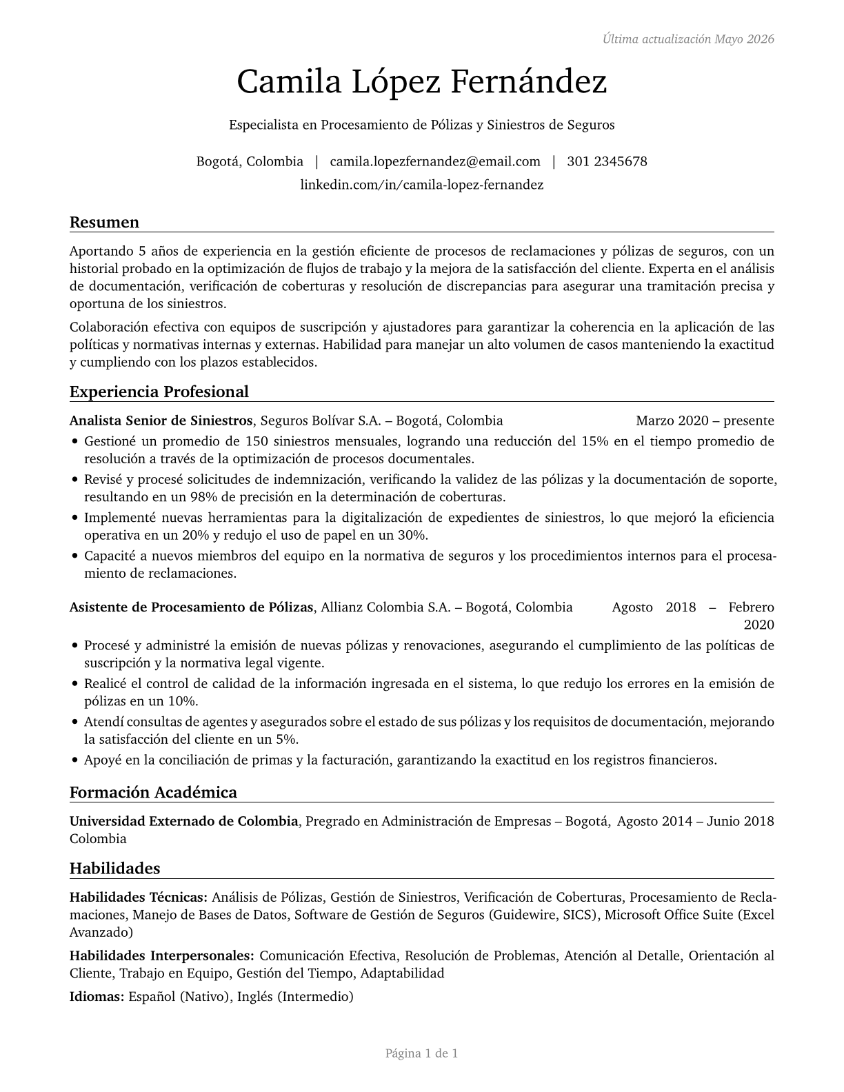 Insurance Claims and Policy Processing Clerks CV in Spanish — page 1