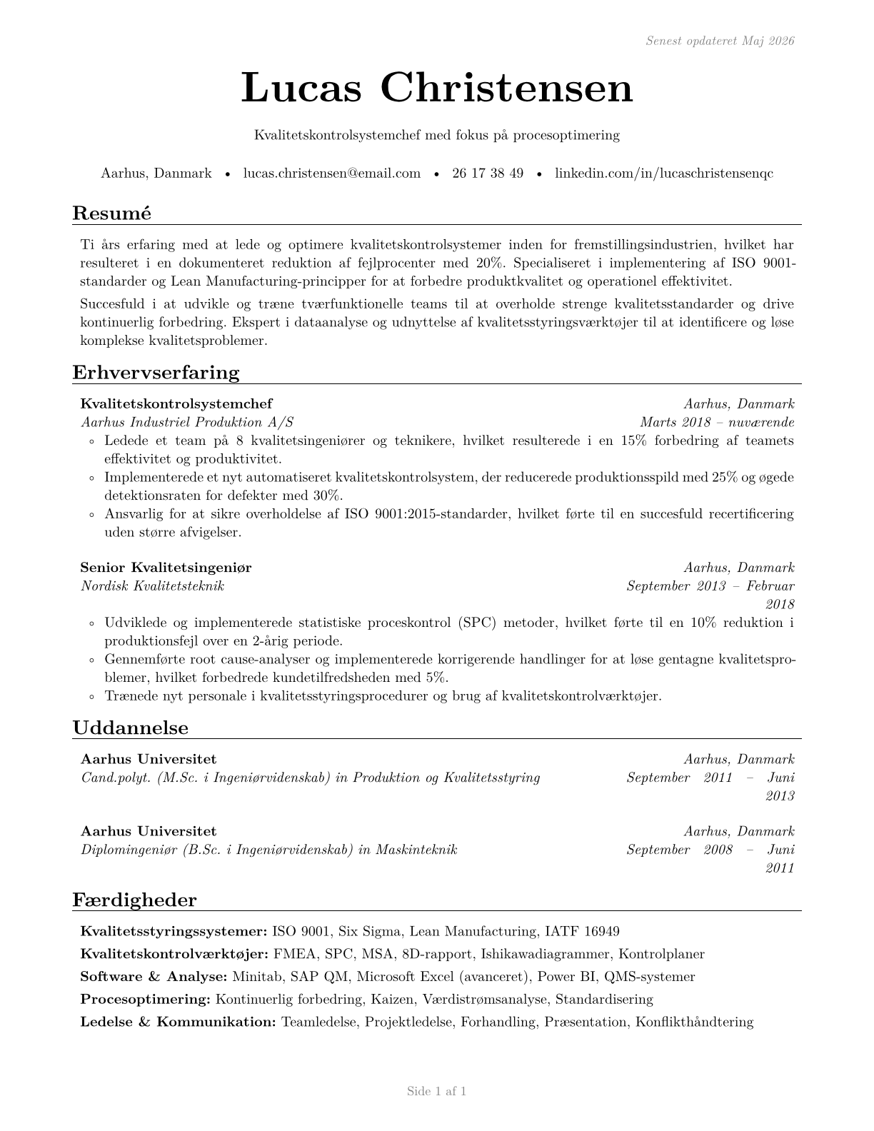 Quality Control Systems Managers CV in Danish — page 1