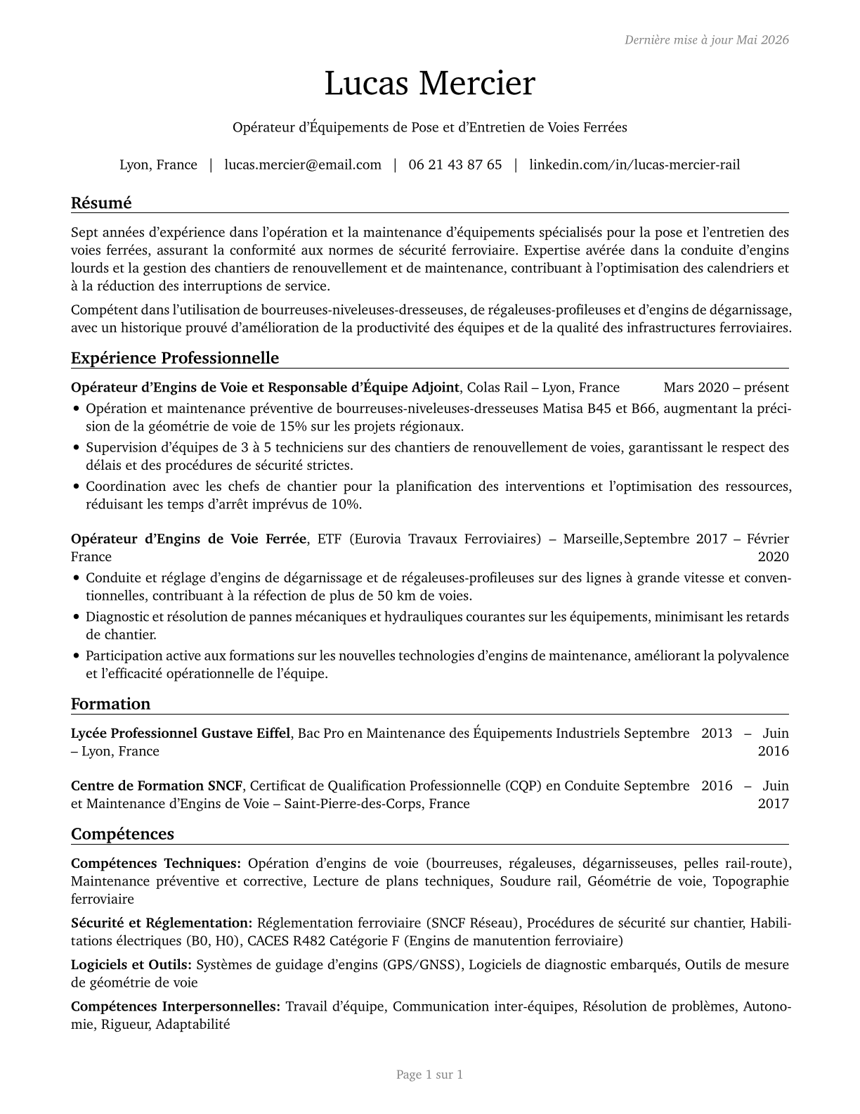 Rail-Track Laying and Maintenance Equipment Operators CV in French — page 1