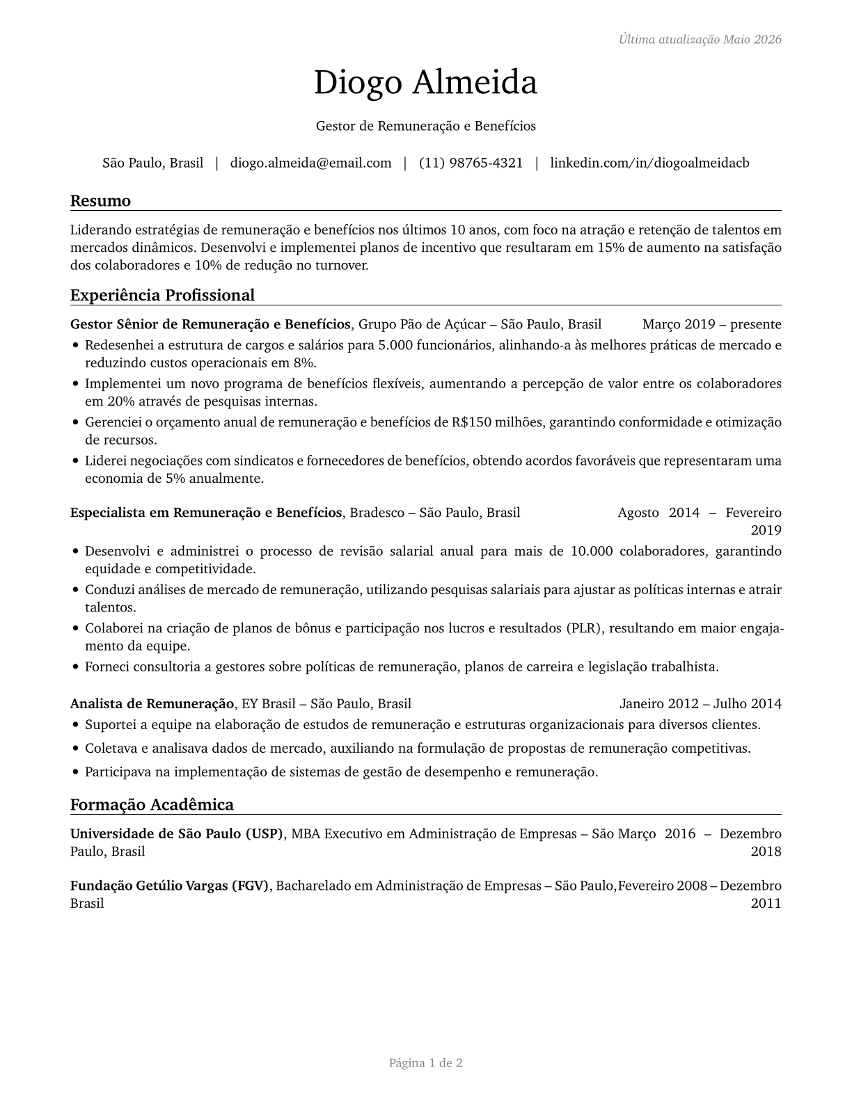 Compensation and Benefits Managers CV in Portuguese — page 1