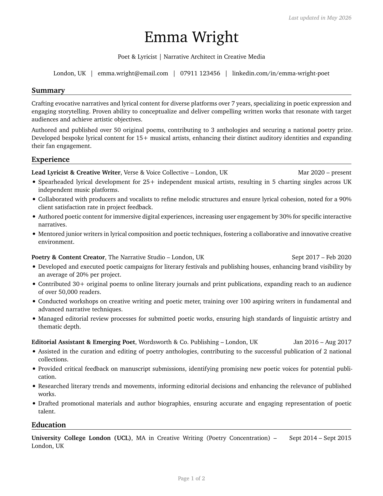 Poets, Lyricists and Creative Writers CV in English — page 1
