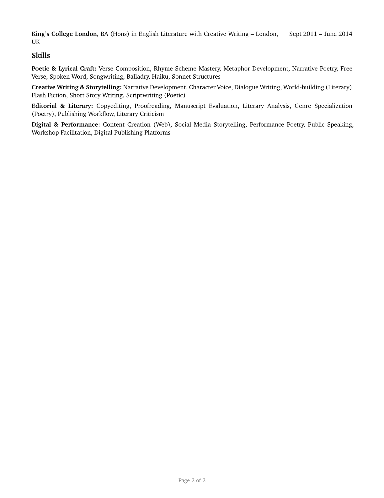 Poets, Lyricists and Creative Writers CV in English — page 2