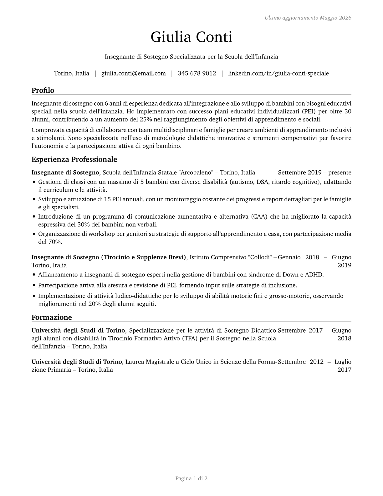 Special Education Teachers, Kindergarten CV in Italian — page 1