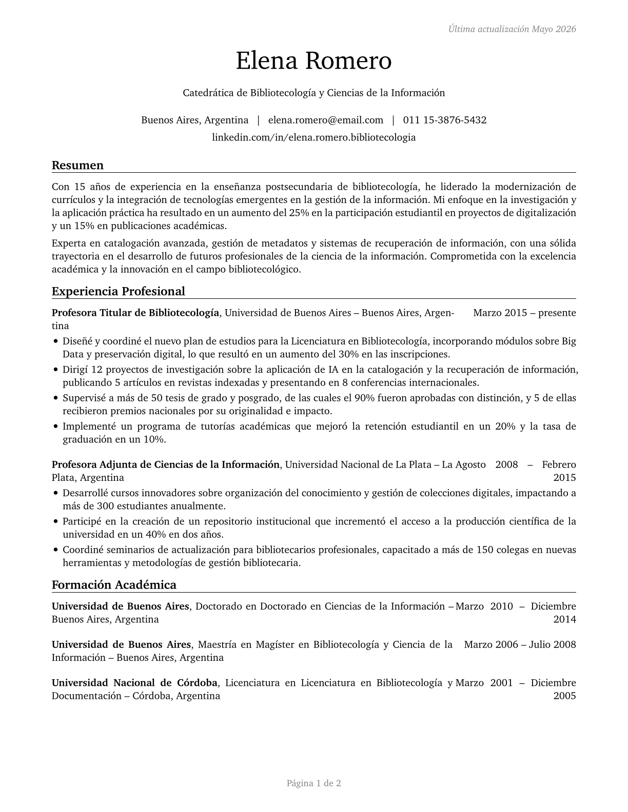 Library Science Teachers, Postsecondary CV in Spanish — page 1