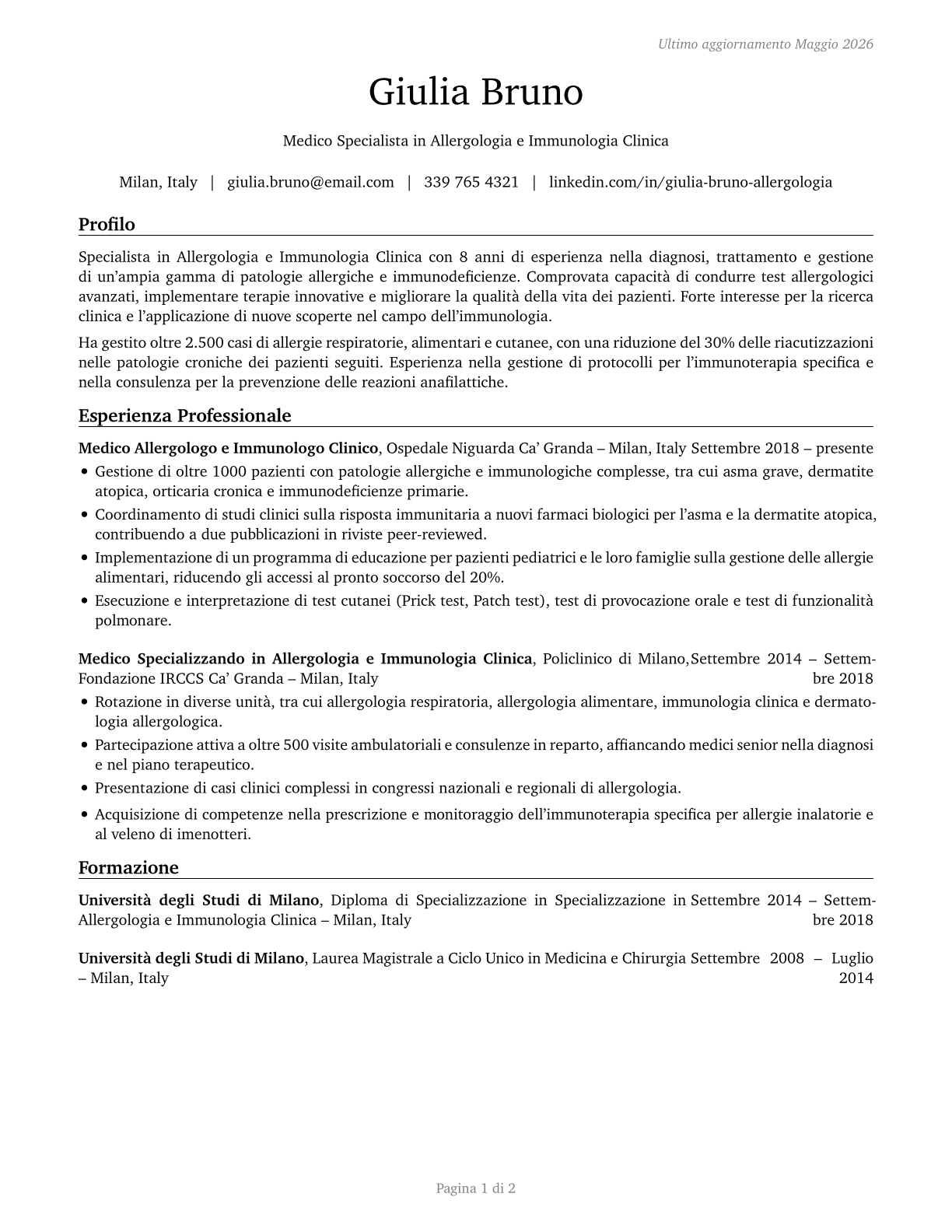 Allergists and Immunologists CV in Italian — page 1