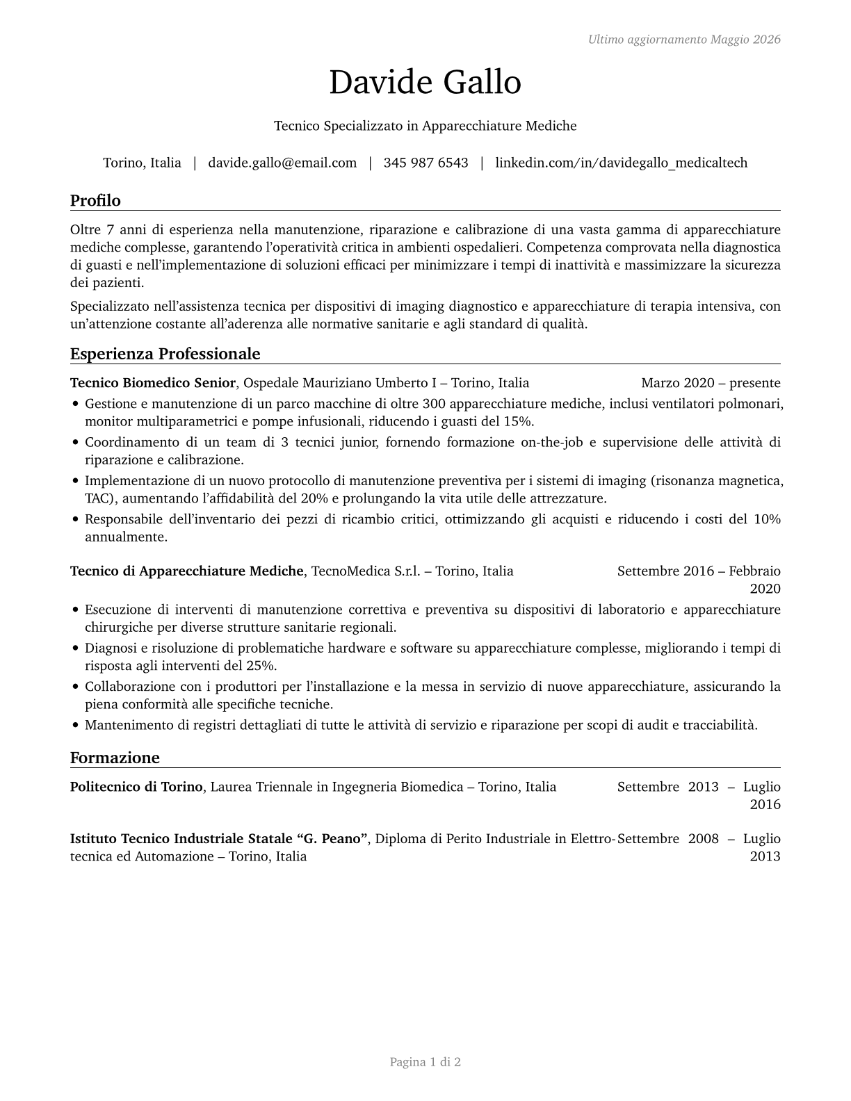 Medical Equipment Repairers CV in Italian — page 1