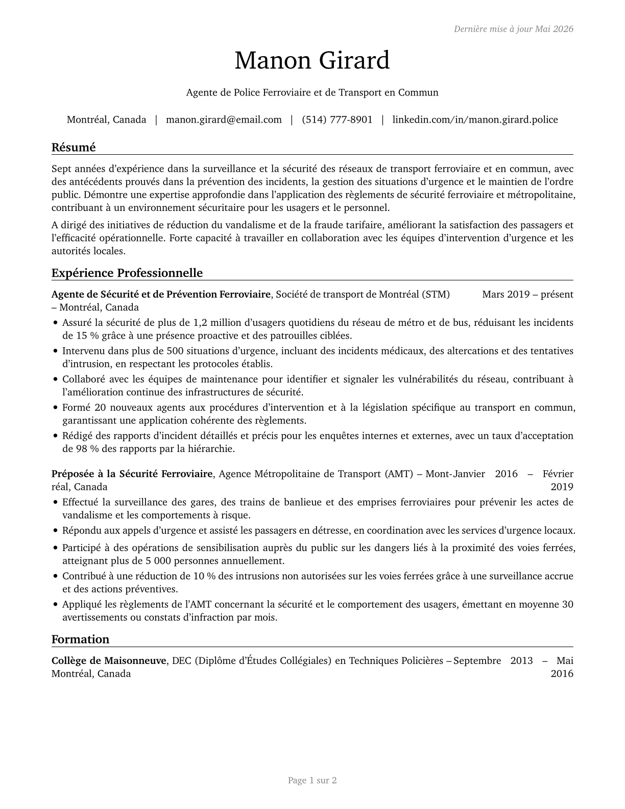 Transit and Railroad Police CV in French — page 1