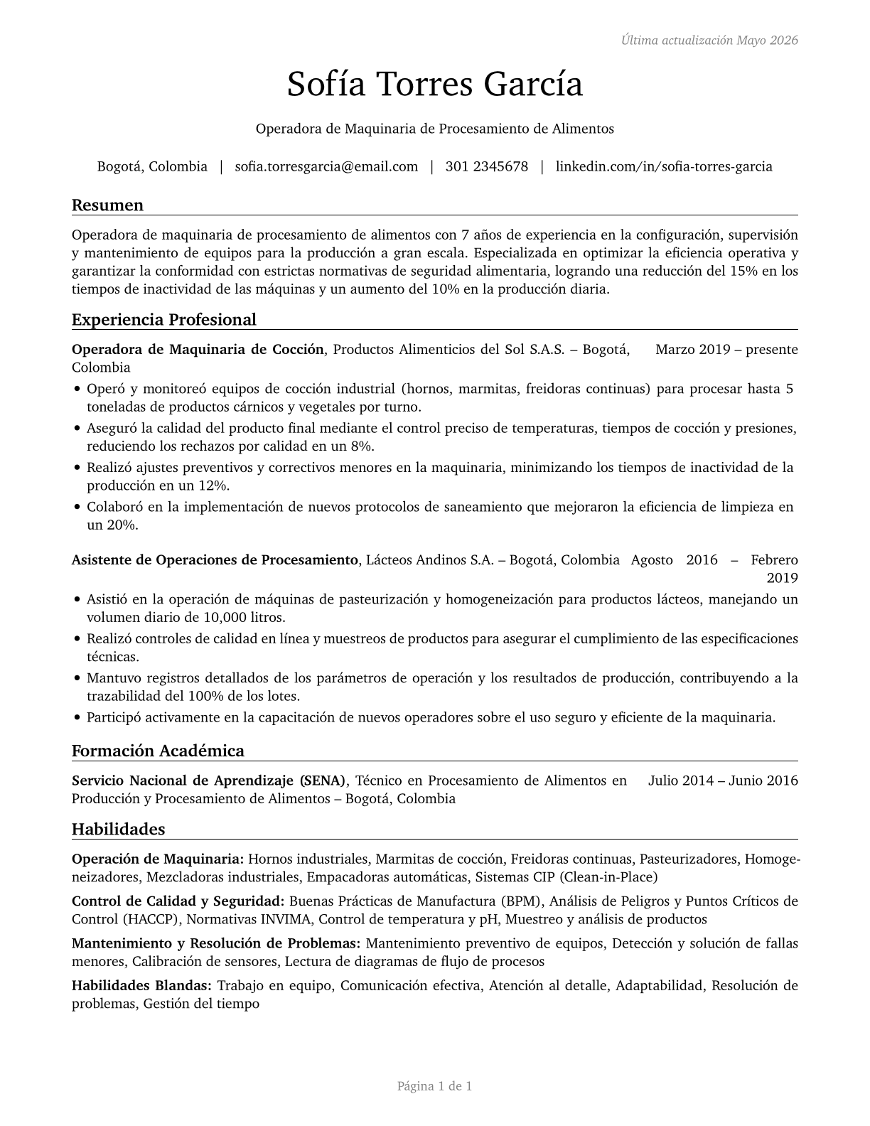 Food Cooking Machine Operators and Tenders CV in Spanish — page 1