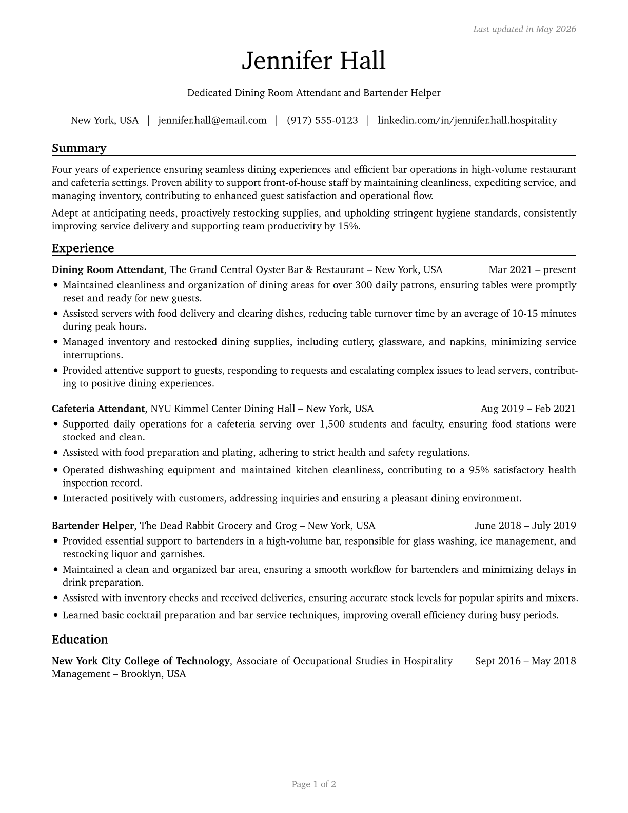 Dining Room and Cafeteria Attendants and Bartender Helpers CV in English — page 1