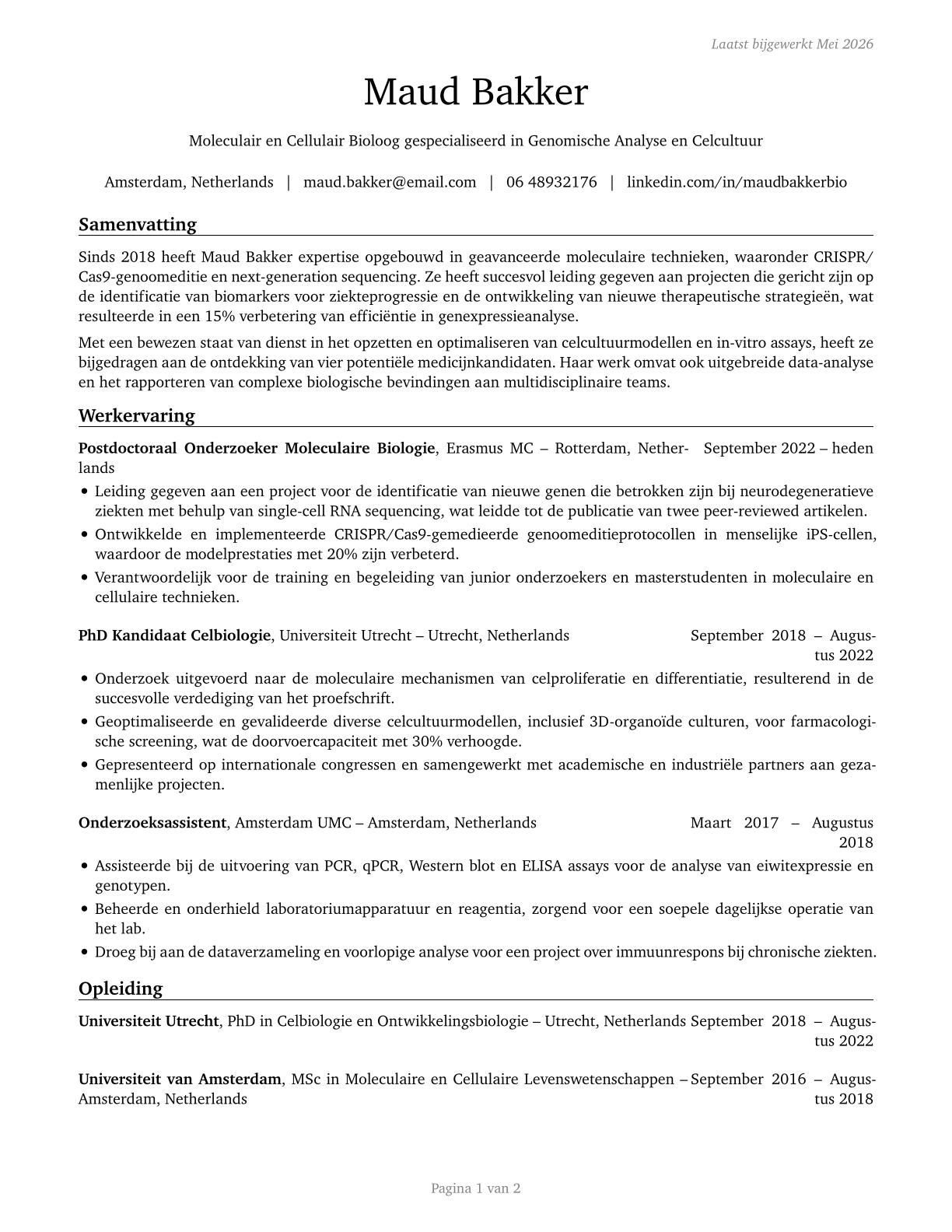 Molecular and Cellular Biologists CV in Dutch — page 1